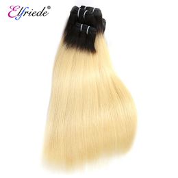 Elfriede #T1B613 Blonde Straight Bundles with Closure Brazilian Rmey 100% Human Hair Weaves 3 Bundles with Lace Closure 4x4