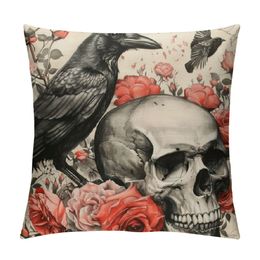 Halloween Pillow Cover Sugar Skull Rose Flowers Skeleton Halloween All Saints Day Goth Gothic Crow Spider Throw Pillow Case Decorative Cushion Covers