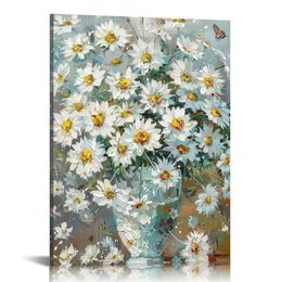 Flowers Bathroom Wall Decor Floral Canvas Wall Art White Daisy in Vase Light Blue Background Modern Gallery Prints Pictures Ready to Hang