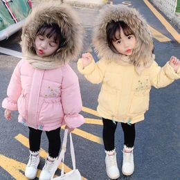 Jackets 2024 Girls Winter Coat Baby Kids Flower Fur Hood Cotton Padded Warm Coats Children Overcoats Clothes
