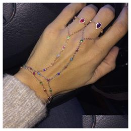 Charm Bracelets Women Slave Bracelet With Ring Rose Gold Sier Plated Colorf Bezel Cz Link Chain Hand Jewellery Behomia Rainbow Fashion Dhh91