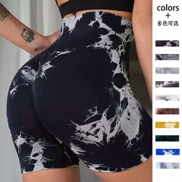 Summer tie dyed three part fitness yoga pants for women with high waist and hip lifting tight fitting sports running peach yoga shorts