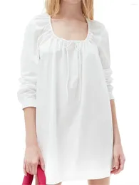 Casual Dresses Women Lace-Up Square Collar White Short Dress 2024 Spring Summer Ladies Long Sleeve Side Slit Straight Simple Mini Robe