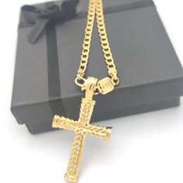 Cross 24 k Solid gold GF charms lines pendant necklace Curb Chain christian jewelry factory wholesalecrucifix god gift 241G