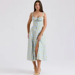 Casual Dresses Women Summer Boho Spaghetti Straps Split Thigh Midi Dress Tie Front Solid Floral Print Sleeveless Vintage A Line Beach