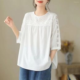 Women's T Shirts Elegant Summer Top Female Lace Shirt Women Plus Size Half Sleeve White Beige Black Embroidery Cotton Solid Tops Oversized