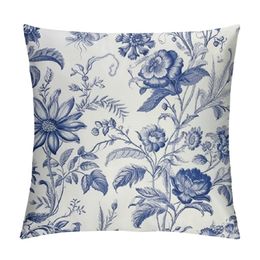 Chinoiserie Pillow Covers Outdoor Blue and White Porcelain Floral Decoration Cushion Cover Vintage Pillow Case for Bed Living Room Couch Home Decor,