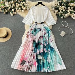 Light and luxurious temperament round neck short sleeved printed pleated dress womens lace up and waist up temperament elegant long skirt with large swing