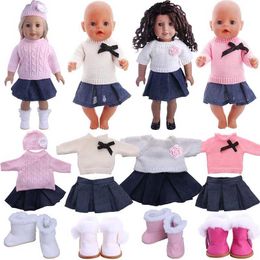 Doll Apparel Sweater+Skirt+Wool Cap With Flower Fit 18 Inch American 43 CM Baby Doll Clothes AccessoriesGirls ToysGenerationBirthday Gift Y240529