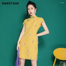 Party Dresses SWEETXUE Elegant Mini Qipao Dress 2024 Women's Chinese Style Modern Girl Yellow Slim Short Sleeve Printed