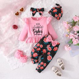 Clothing Sets Infant Baby Girl 5Pcs Suit Solid Jacquard Long Sleeve Ruffle Letter Print T-shirt Tops Floral Pants Headband Cap