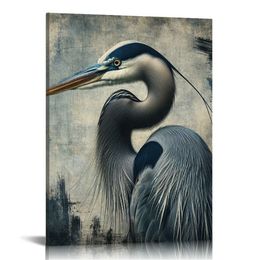 Heron Canvas Wall Art with Textured - Modern Bird Paintings in Teal and Grey Colour - Abstract Cormorant Pictures for Living Room Bedroom Bathroom Decor