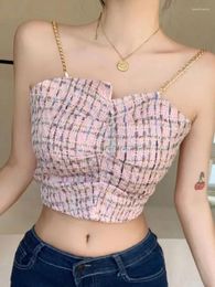 Women's Tanks Summer Camisole With Bras Girls Simple Plaid Padded Camis Chain Straps Crop Top Women Stretchy Back Sleeveless T Shirts