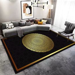 3D Printing Premium Black Carpet Living Room Luxury Golden Flower Frame Hall Area Rug European Lounge Carpets Non-slip Floor Mat