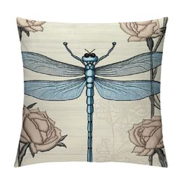 Dragonfly Throw Pillow Cushion Cover, Hand Drawn Royal Style Rose Petals Leaves and Ornate Design, Decorative Square Accent Pillow Case,