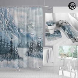 Shower Curtains High Quality Curtain Bath Mat Set Printed Winter Snow Mountain Landscape Bathroom Toilet Rugs Home Decor 309v