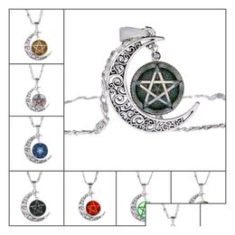 Anhänger Halskette neuer fünffachter Stern Hollow Moon Cabochons Glas Mondstein Pentagramm Halskette für Frauen Männer Hexerei Schmuck DHCFY DHCFY