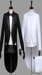 New Mens Tailcoat Suit Classic Black White Shiny Lapel Tail Coat Tuxedo Wedding Groom Stage Singer Costumes Four Piece Suit X09096122288