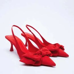 Flock Modern Big Sandals Lady Bow Kitten Heels Shoes Pointy Toe Nigh Club Sweet Pumps Back Strap Zapatos Mujer Red 41 40 25.5cm 01d
