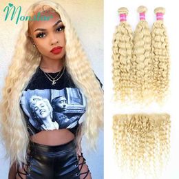 Hair Wefts 613 Golden Deep Wave Bundle with 13x6 Lace Front Malaysian Curly Remi Closed 13x4 Q240529