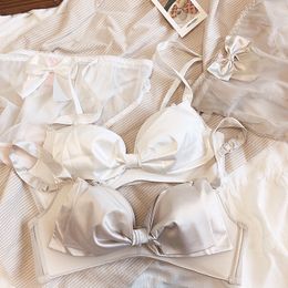 Sexy Satin cute satin bra and brief detachable big bow new underwear wirefree thin gather girl lingerie anti-sagging bralette se