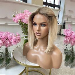 13X4 Ombre Blonde Lace Front Wig Human Hair Short Bob Glueless HD Lace Closure Wigs for Women Pixie Cut Brown Colored Preplucked