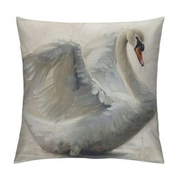 White Swan Sketch Throw Pillow Cover Beauty Bird Portrait Elegant Animal Wings Lake Nature Pillow Case Decorative Square Cushion for Home Couch Bed