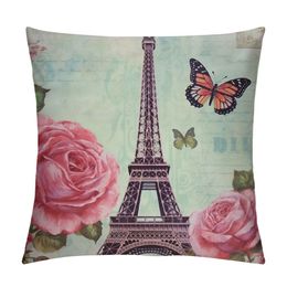 Throw Pillow Cover Eiffel Tower Vintage French Postcard Love Paris Romantic Flowers Butterfly Decor Lumbar Pillow Case Cushion for Sofa Couch Bed Standard Queen