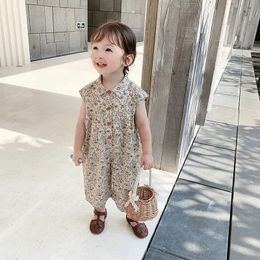 Summer Girls Jumpsuit Korean Version Of Cotton Baby Long Romper Middle And Small ChildrenS Casual Sleeveless Clothing 240528