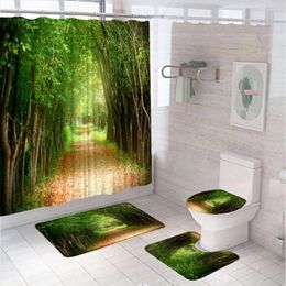 Shower Curtains Green Tree Forest Set Nature Garden Scenic Road Polyester Fabric Bathroom Curtain Bath Mat Rug Lid Toilet Cover