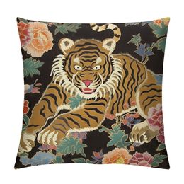 Tiger Pillow Cover Chinoiserie Animal Print Tiger Stripe Decorative Throw Pillow Case Cushion Cover for Bedroom Sofa Living Room Couch Chair Office