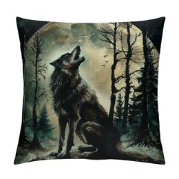 Throw Pillow Cover Werewolf Wolf Moon Forest Silhouette Dusk Fairytale Night Tree Pillowcase Home Decor Square Pillow Case Cushion Cover