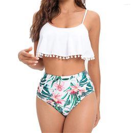 Women's Swimwear White Bikinis Sets Fringe Ruffles High Waist Swimsuit Women Two Piece Vacation Tropical Print Beach Outfit Bathing Suit