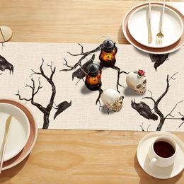 Halloween Skull Black Cat Crows Table Runner Tree Branches Spider Scary Holiday Kitchen Dining Home Indoor Outdoor Party Decor