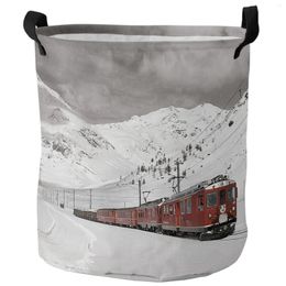 Laundry Bags Snow Mountain Red Train Dirty Basket Foldable Waterproof Home Organiser Clothing Children Toy Storage