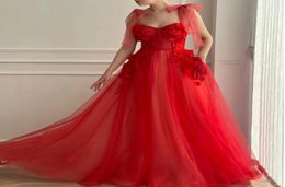 Party Dresses Red Tulle A Line Prom Long Adjust Ties Straps 3D Flowers Beads Floor Length Evening Gowns 2022 Bride Dress5279115