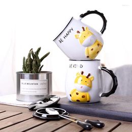Mugs Nordic Style Creative Cute Animal Embossed Ceramic Mark Cup Student With Lid Spoon Children Room Decoration Gifts