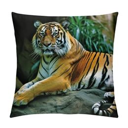 Tiger Pillow Sham, Resting Feline in The Forest on a Rock Sublime Carnivore Beast Nature, Decorative Standard Printed Pillowcase, Orange Green