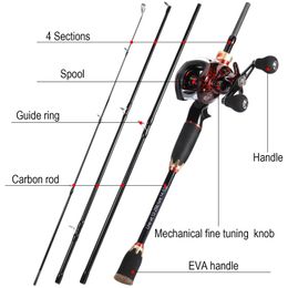 Sougayilang Fishing Rod Reel Combo 1.8-2.1m 4 Sections Baitcasting Rod and 7.2:1 High Speed Casting Reel for Slatwater Pesca