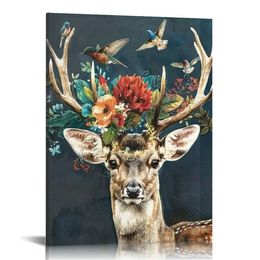 Vintage Animal Deer Wall Art, Flowers Bird Deer Canvas Printed Wall Decor, Artwork Decorations Ready to Hang for Bedroom Home Office