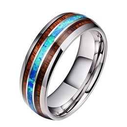 Band Rings 8Mm Wide Wood And Blue Opal Stainless Steel For Men Women Never Fade Wooden Titanium Finger Ring Fashion Jewellery Gift Drop Dhvm9