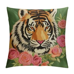 Tiger Throw Pillow Cover Decorative Colorful Flower Accent Pillow Case Print Cushion Soft Pillowcase Bed Living Room Couch Bedroom Decor Tassel Green