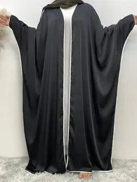 Ethnic Clothing Muslim Woman Dress Satin Fabric Eid Open Abaya Dubai Luxury Arabic Kaftan Moroccan Turkey Robe Fashion Black