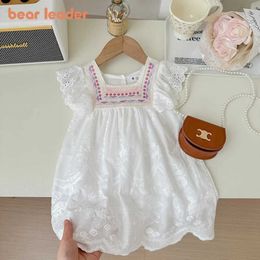 Girl's Dresses Bear Leader Summer Flower Embroidered Lace Princess Dress 2-7 Years Flying Sleeves Wedding Party Kids Clothes Y240529