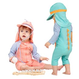 Boys Girls Long Sleeve Swimwear Dinosaur Corner Surf Suit Toddler Sunscreen Quick Dry Baby Swimwear (With Sun Hat)
