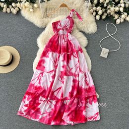 Summer Tie Dye Fashion Print Strap Skirt Beach Vacation Beach Skirt High Waist Slim Large Swing Dress for Women