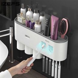 Wall-mounted Toothbrush Holder With 2 Toothpaste Dispenser Punch-free Bathroom Storage For Home Waterproof Bathroom Accessories 211224 255y
