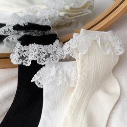 Women Socks Lacework Ruffle Sweet Girls Lolita Kawaii Cute Princess JK Japanese Fashion Solid Colour Black White Beige Long