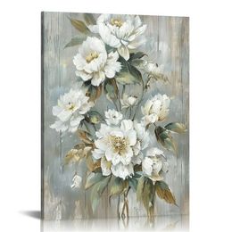 Abstract Flower Framed Wall Art: Rustic White Floral Painting Modern Botanical Picture Vintage Blossom Wood Prints Artwork for Living Room Bedroom Farmhouse