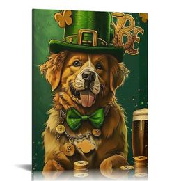 My Golden Retriever is My Lucky Charm St. Patrick's Day Shamrocks Leprechaun Beer Wrapped Canvas Poster Prints Goldens Dog Lover Gifts Idea Merch Art Wall Decoration